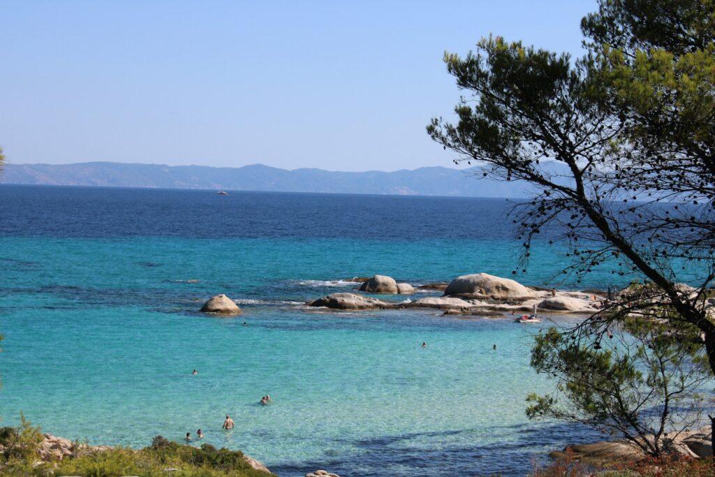Turquoise zwemplek met rotsen en pijnbomen aan de kust bij Thessaloniki